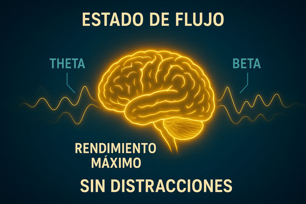 Gráfico conceptual de un cerebro en 'estado de flujo' con zonas de alta actividad sincronizada